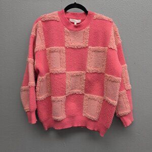 Patchwork Sweater Womens Medium Pink Checkerboard Textured Crewneck Chunky